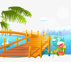蓝色桥卡通桥廊景观湖水树木鹅花朵矢量图高清图片