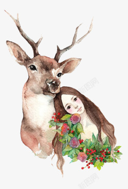 靠着梨的女孩靠着麋鹿的女孩矢量图高清图片