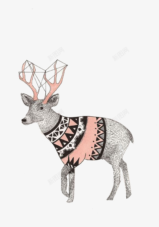 麋鹿动物装饰画psd免抠素材_新图网 https://ixintu.com 动物 粉色 线描装饰画 绘画