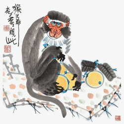 国画枇杷叶中国风水墨猿猴和枇杷插画高清图片
