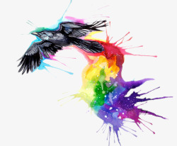 彩色染料背景下飞翔的乌鸦素材