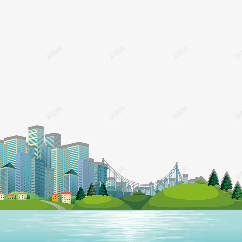 手绘城市png免抠素材_新图网 https://ixintu.com 城市景观 手绘 绿色树木 蓝色海水 设计 高楼大厦