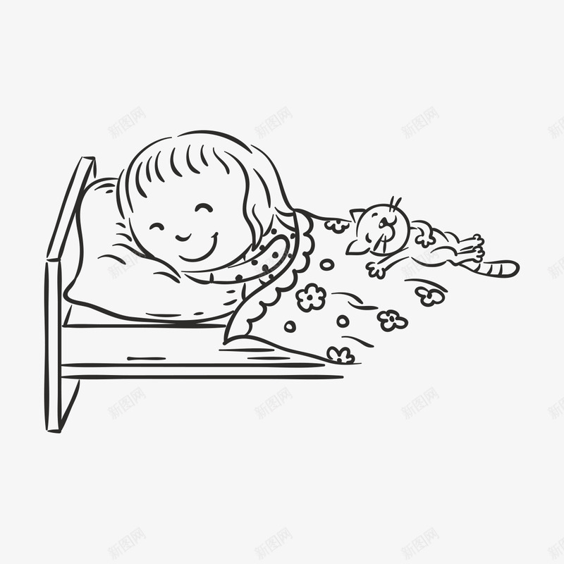 卡通小女孩睡觉png免抠素材_新图网 https://ixintu.com 儿童手绘 儿童画 动漫 动画 小女孩睡觉 小猫咪 粗线条 绘画