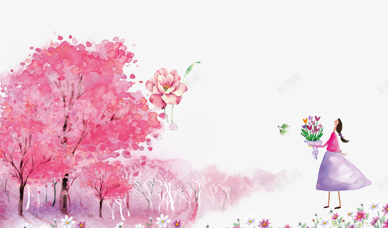 粉色树林png免抠素材_新图网 https://ixintu.com 卡通女孩 树木 粉色 花朵