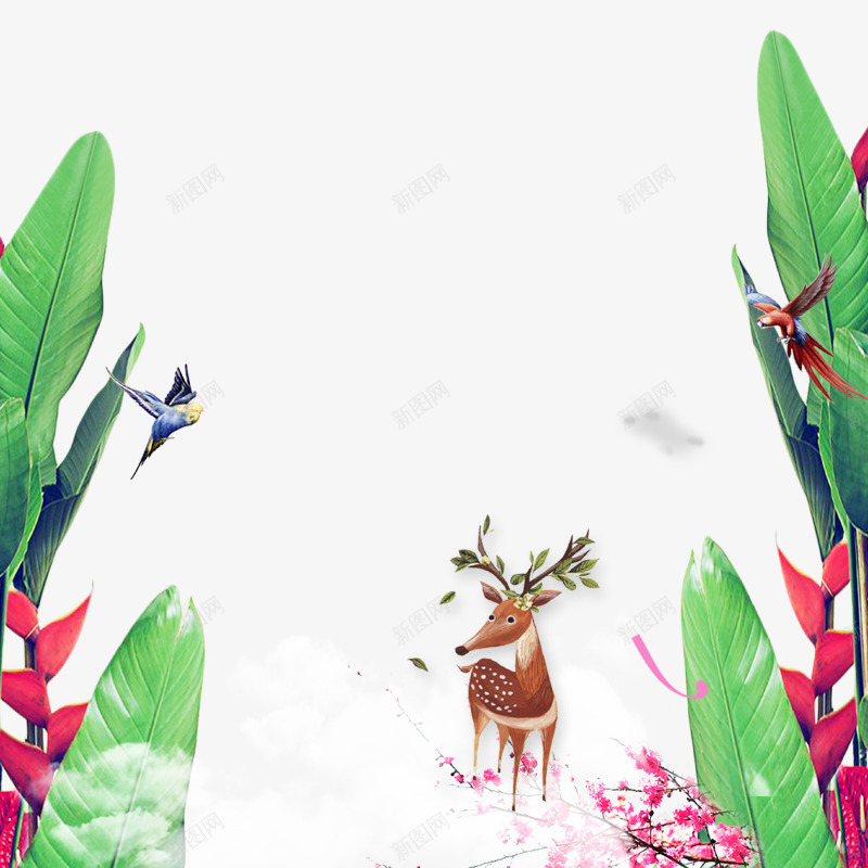 卡通手绘春季森林里的麋鹿psd免抠素材_新图网 https://ixintu.com 卡通 手绘 春季 森林里的麋鹿 粉色花朵装饰 飞翔的鸟