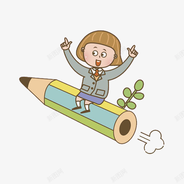 铅笔上的女孩png免抠素材_新图网 https://ixintu.com 卡通 可爱的 小草 尾气 铅笔 飞翔的 高兴地