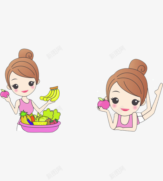 节食女孩png免抠素材_新图网 https://ixintu.com 丸子头 卡通 可爱 女孩 手绘 桃子 水果 背心 香蕉