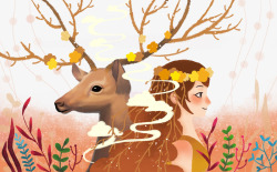 橙色的鹿插画鹿和女孩高清图片