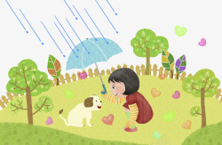 打伞的小狗给小狗打伞的女孩高清图片