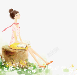 春季坐在花丛里的小女孩素材