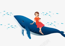 卡通手绘坐在蓝色鲸鱼上的女素材