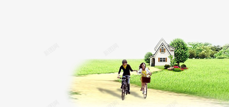 情侣在路上骑自行车锻炼png免抠素材_新图网 https://ixintu.com 房子 树木 绿草 自行车锻炼 草坪 路