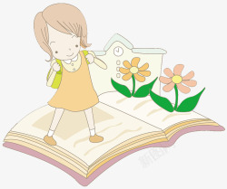小女孩与花装饰插图背书包的小女孩高清图片