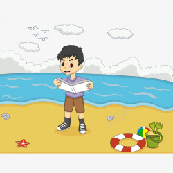 手绘正在读书的小孩子海边读书的小朋友高清图片