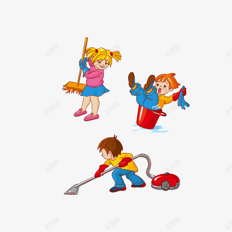 卡通做家务的孩子们psd免抠素材_新图网 https://ixintu.com 值日生 吸尘器扫地 孩子做家务 拿拖把的小女孩 掉水桶里的小孩