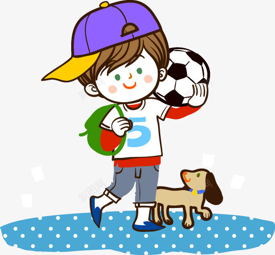 背着书包拿着足球的可爱男孩png免抠素材_新图网 https://ixintu.com 卡通男孩 可爱 小孩背书包 小狗 拿着足球 棒球帽 男孩 背着书包