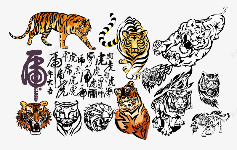 卡通老虎各种姿态的老虎线条png免抠素材_新图网 https://ixintu.com 卡通老虎 线条老虎
