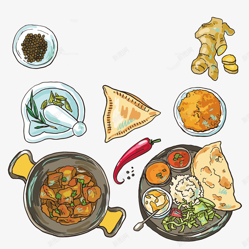 美味印度料理插画png免抠素材_新图网 https://ixintu.com 印度 咖喱 美式 薄饼 辣椒 香料