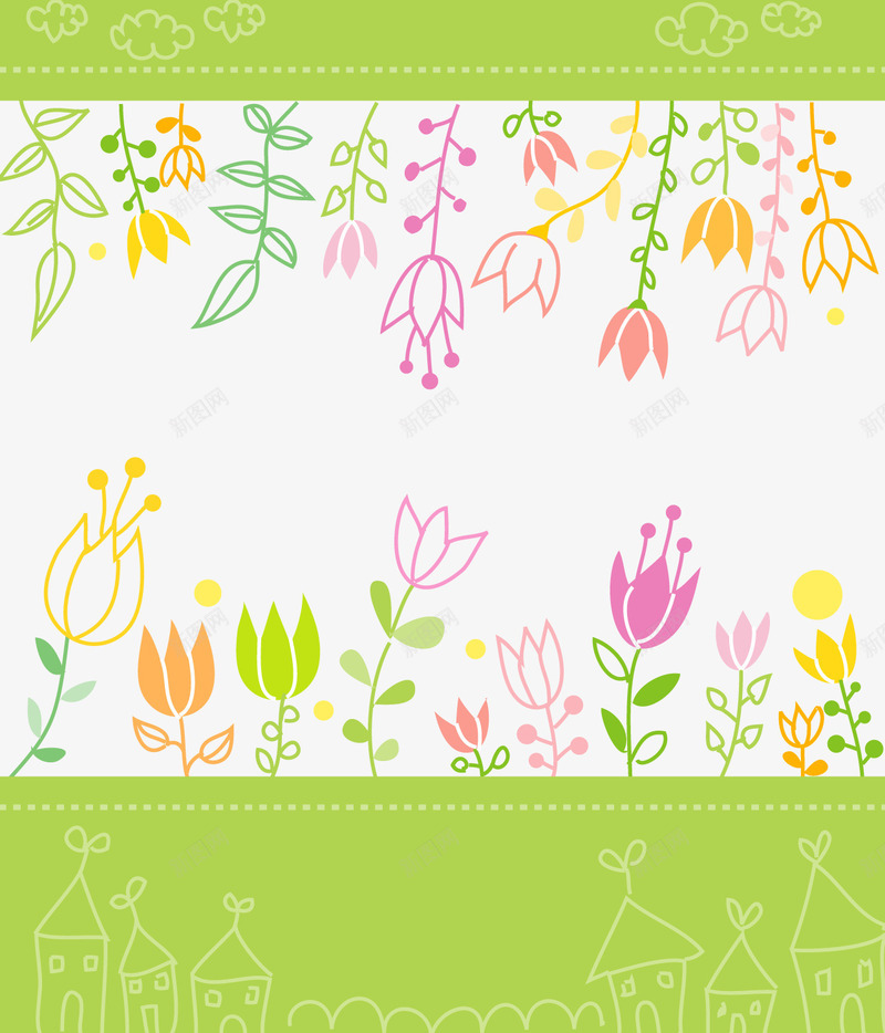 童趣彩绘花卉png免抠素材_新图网 https://ixintu.com 卡通植物 彩色花卉 绿色 背景装饰