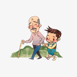 卡通跟爷爷一起散步的小孩素材