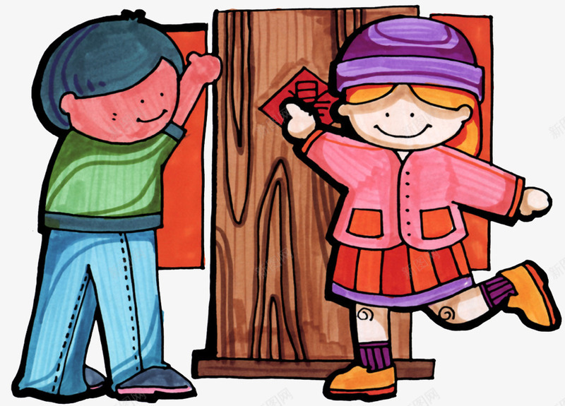 小孩贴对联png免抠素材_新图网 https://ixintu.com 卡通 对联 小孩子 手绘 节日 过年