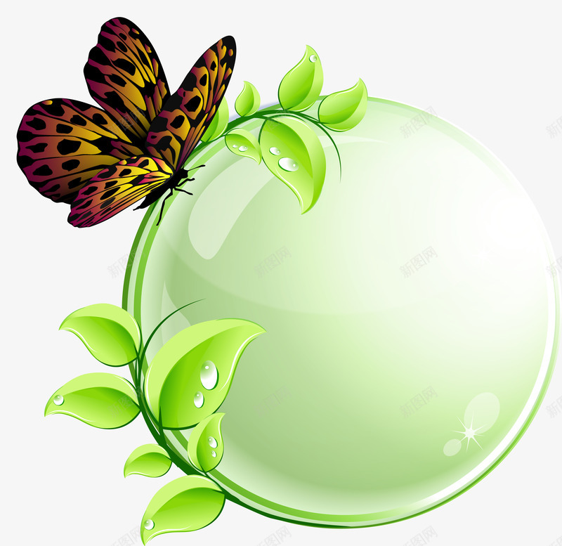 绿色装饰圆环png免抠素材_新图网 https://ixintu.com 卡通 叶子 手绘 绿色 蝴蝶 装饰