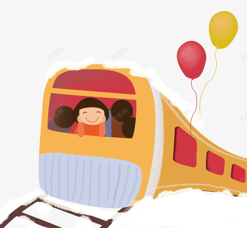 卡通手绘火车回家过年png免抠素材_新图网 https://ixintu.com 卡通 回家过年 手绘 气球装饰 火车 火车上的女孩 黄色的火车