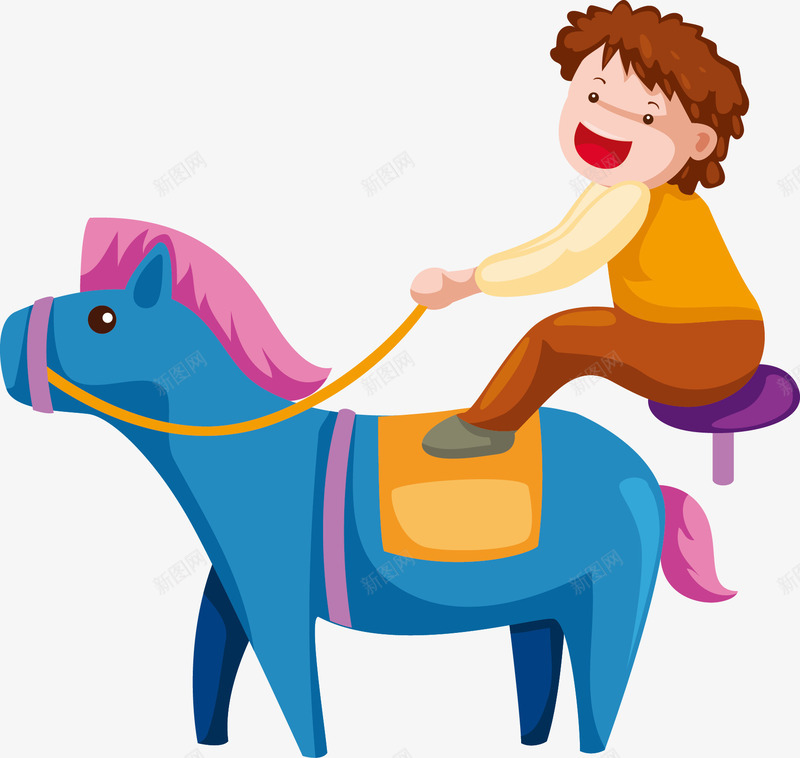 骑着蓝色马儿的孩子元素png免抠素材_新图网 https://ixintu.com 动物园 小孩矢量 游乐场 蓝色