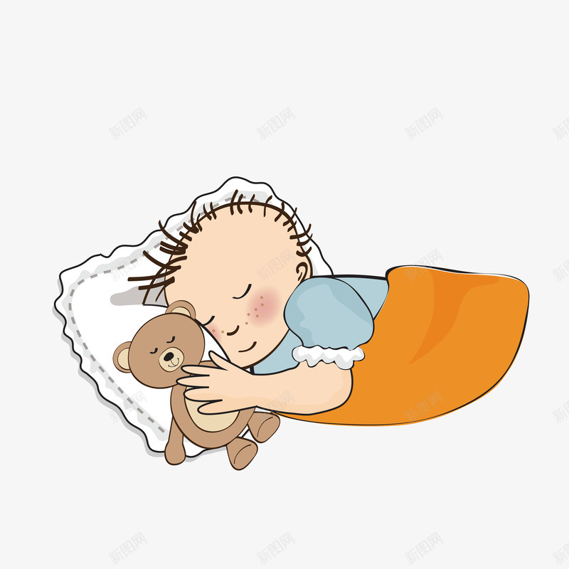 抱着熊睡觉的孩子png免抠素材_新图网 https://ixintu.com 卡通婴儿 手绘矢量图 白色枕头 矢量源文件