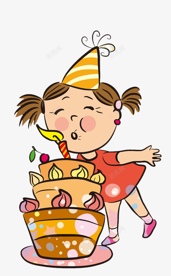 吹蜡烛的女孩png免抠素材_新图网 https://ixintu.com 卡通 吹蜡烛 手绘 生日 蛋糕