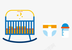 婴儿床尿裤和奶瓶矢量图素材