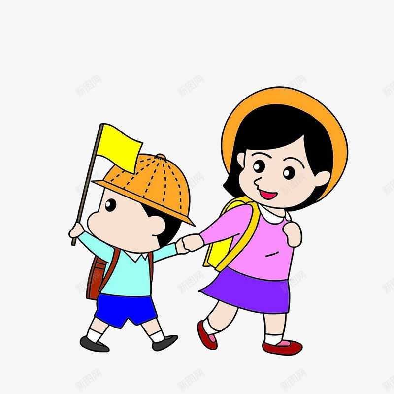 牵着弟弟上学的女孩png免抠素材_新图网 https://ixintu.com 书包 小黄旗 帽子 牵着弟弟的姐姐 背书包小孩