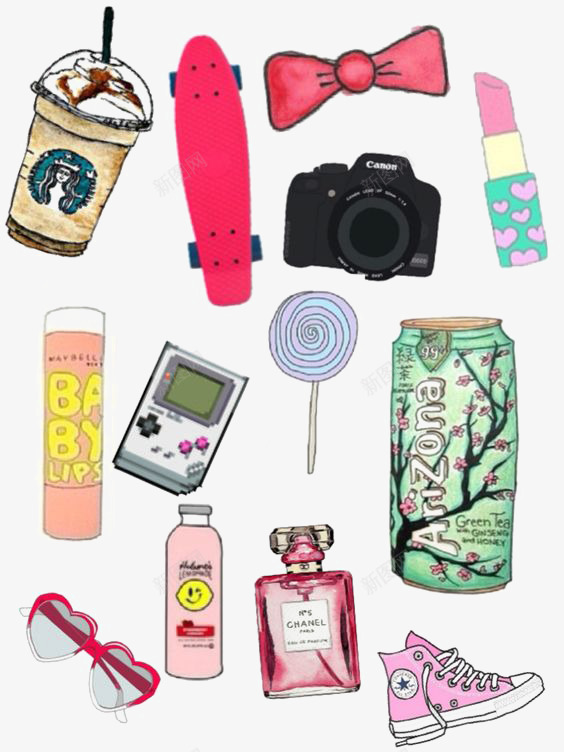 宅男生活png免抠素材_新图网 https://ixintu.com 卡通棒棒糖 可乐 手绘游戏机 星巴克 红色滑板