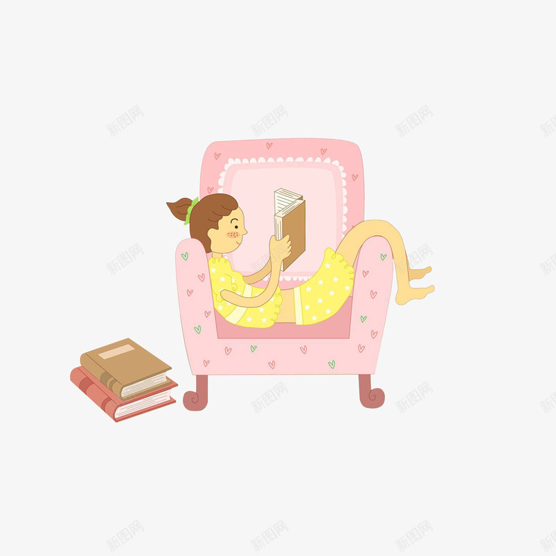 卡通躺在沙发上看书的小女孩psd免抠素材_新图网 https://ixintu.com 书本 瘫沙发上 瘫靠沙发 粉色沙发 葛优瘫卡通漫画人物 躺沙发上看书 躺着的小女孩 躺着的小孩 马尾辫小女孩