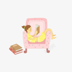 瘫沙发上卡通躺在沙发上看书的小女孩高清图片