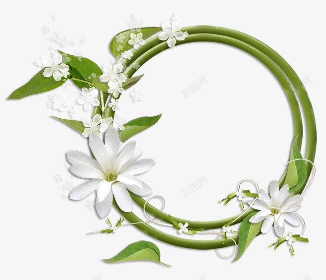 绿叶圆环白色花朵边框png免抠素材_新图网 https://ixintu.com 白色 绿叶 花朵 边框