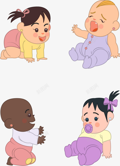 四个扁平婴儿png免抠素材_新图网 https://ixintu.com 可爱婴儿 哭闹婴儿 黑人婴儿
