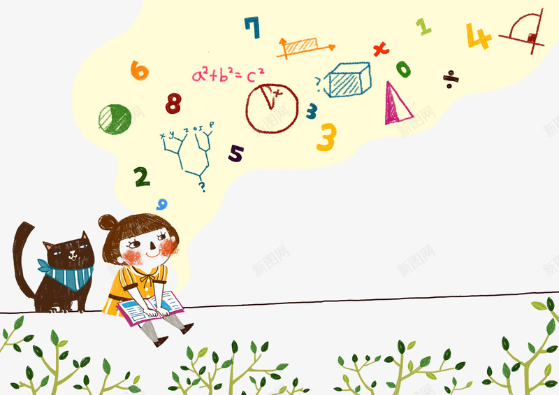 卡通学习插画psd免抠素材_新图网 https://ixintu.com 学习 小孩 手绘 猫咪 边框