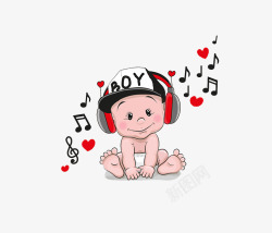 婴儿胎教卡通手绘听音乐的婴儿高清图片