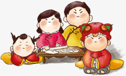 团圆包饺子手绘插画素材