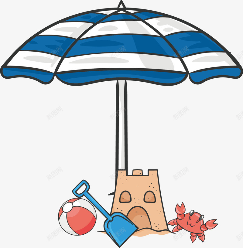 蓝白条纹遮阳伞png免抠素材_新图网 https://ixintu.com 大螃蟹 沙堆城堡 矢量素材 蓝白条纹 遮阳伞