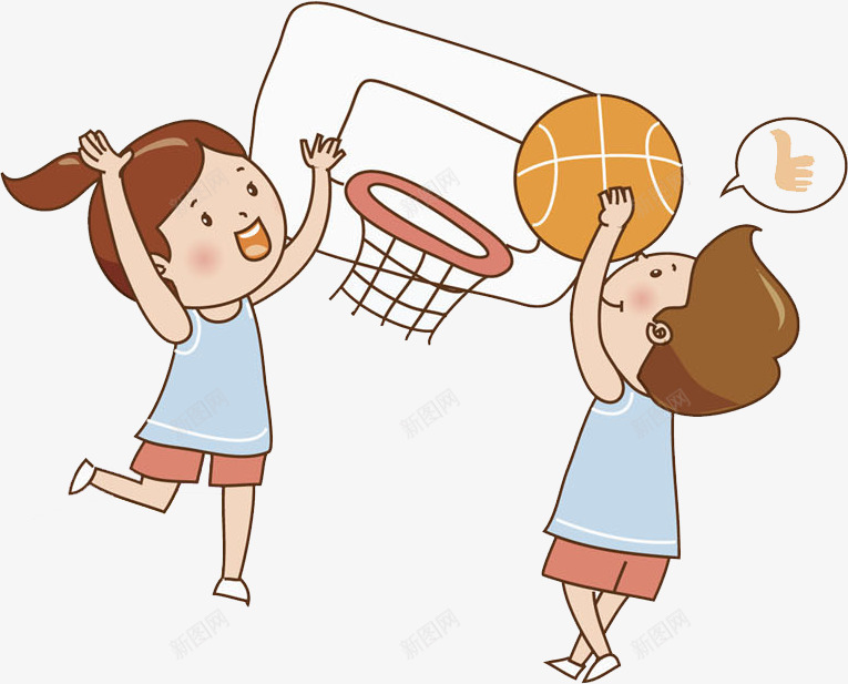 打篮球的孩子png免抠素材_新图网 https://ixintu.com 卡通 小女孩 手绘 男孩 篮板 篮球 跳跃 高兴