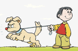 可爱卡通插图牵着狗的小孩素材