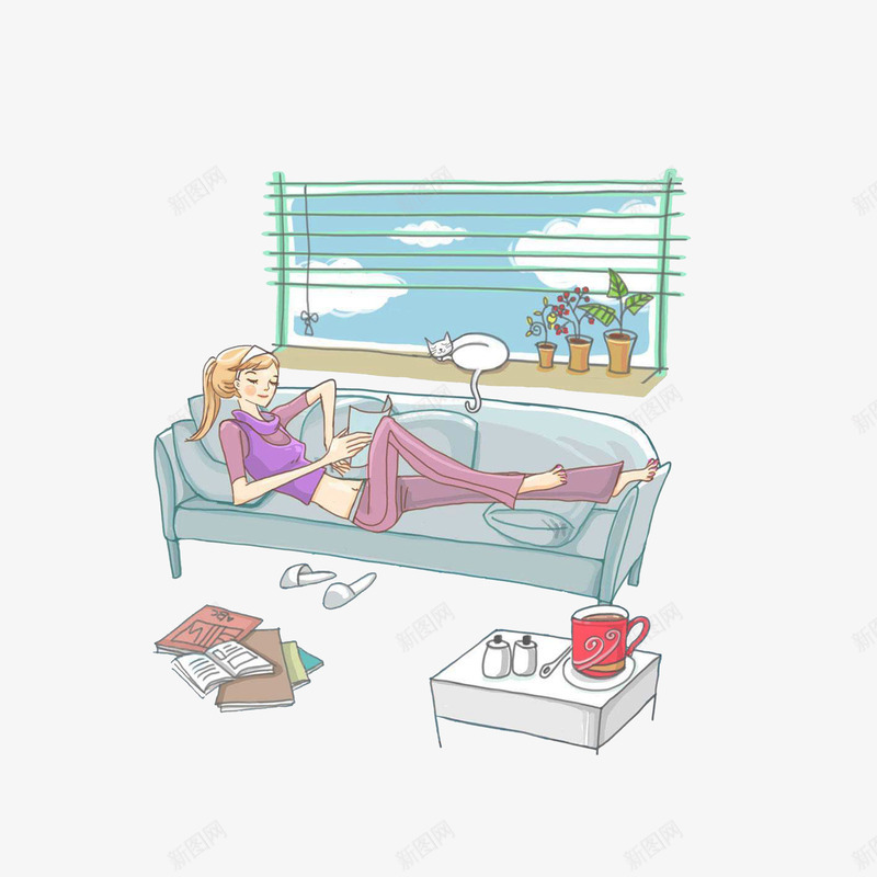 躺沙发上看书的女孩psd免抠素材_新图网 https://ixintu.com 卡通插画 在阳台上树胶的猫 沙发上的人 瘫沙发上 瘫靠沙发 葛优躺 躺沙发上看书的女孩 躺着的小女孩