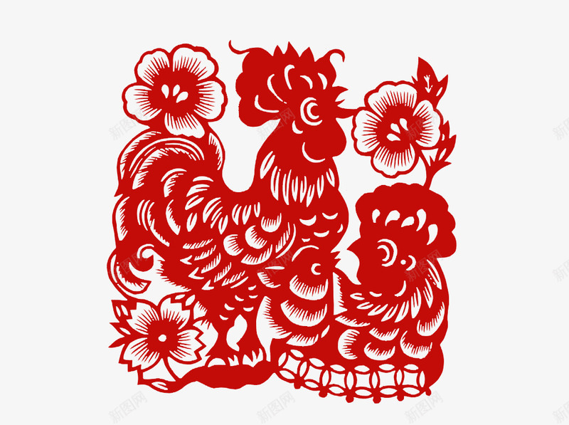 红色鸡年剪纸窗花png免抠素材_新图网 https://ixintu.com 年节装饰 红色 过年 鸡图案 鸡年素材