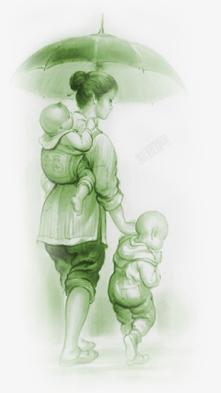 绿色背背景绿色背婴儿的母亲手绘人物高清图片