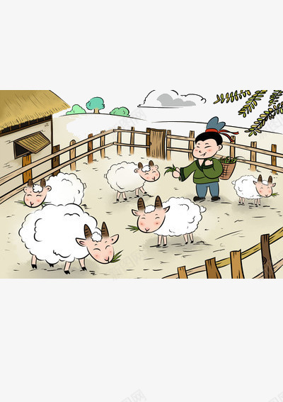 生活的世界png免抠素材_新图网 https://ixintu.com 围栏 房子 手绘牧羊人 牧羊人 线描 绵羊