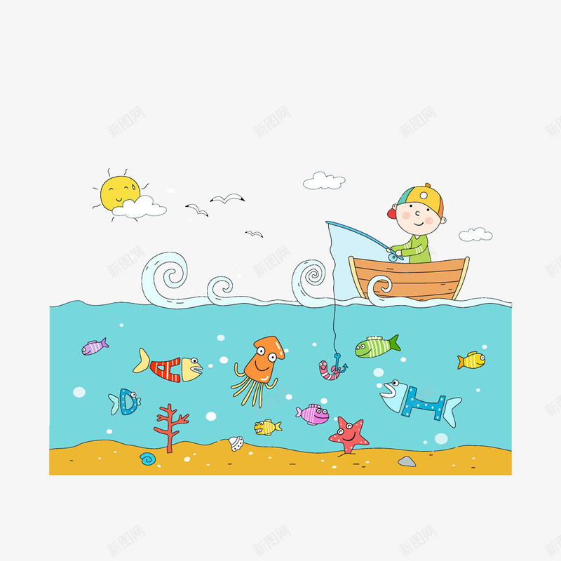 钓鱼的小孩png免抠素材_新图网 https://ixintu.com 卡通图案 小孩 船 钓鱼 鱼