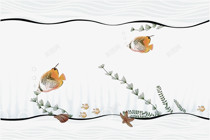 一对小鱼在海里自由自在生活png免抠素材_新图网 https://ixintu.com 海浪 海藻 白色 黄色