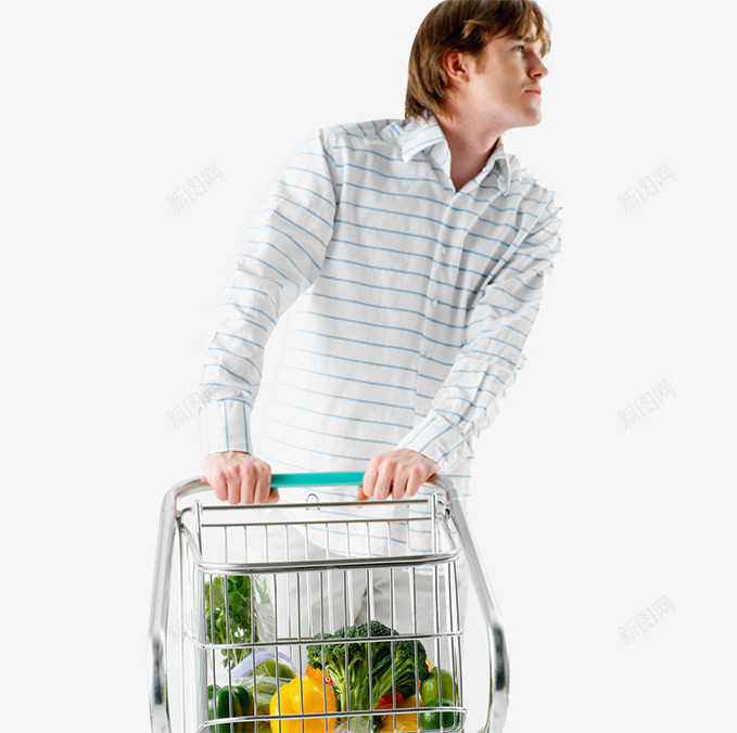 超市购物png免抠素材_新图网 https://ixintu.com 推购物车 条纹衫 蔬菜 超市